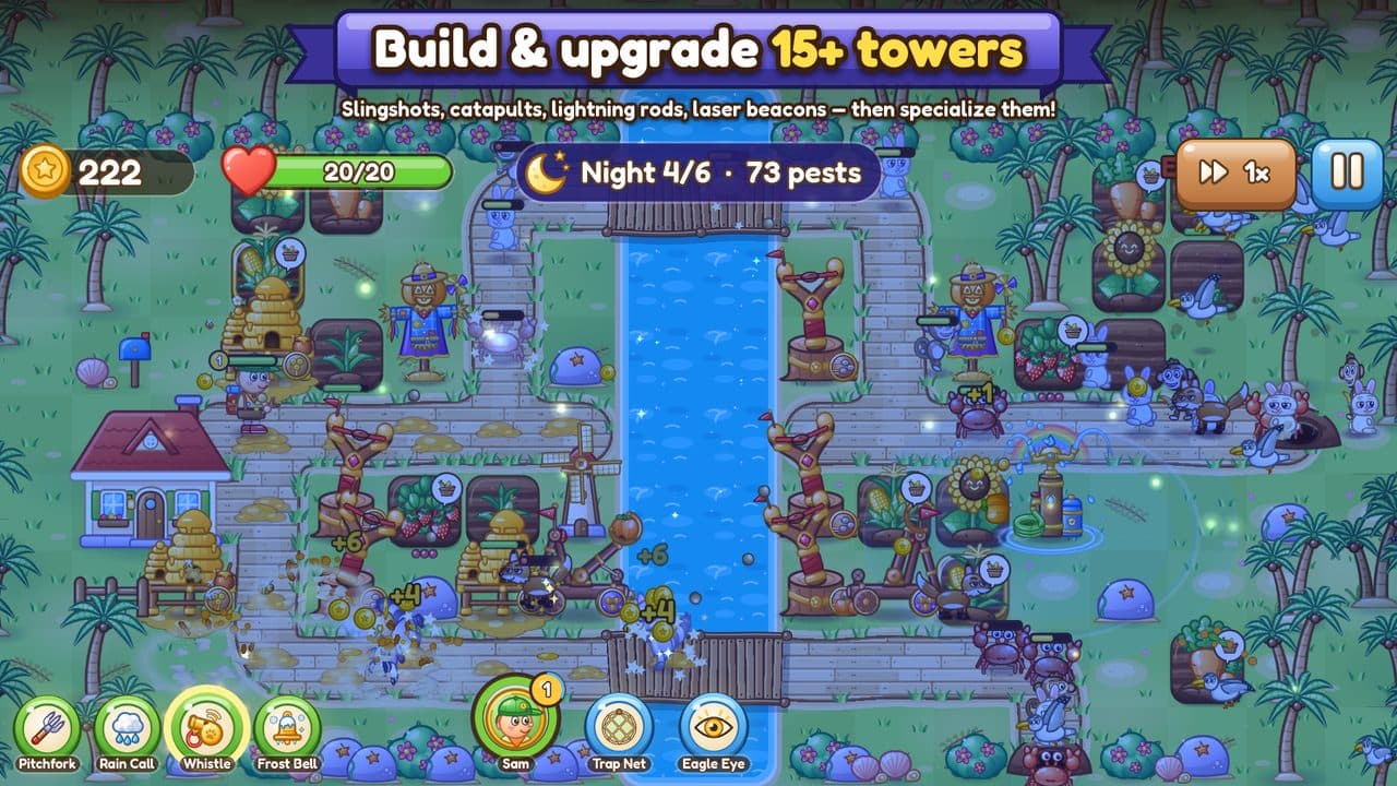 A night battle with towers firing at pests